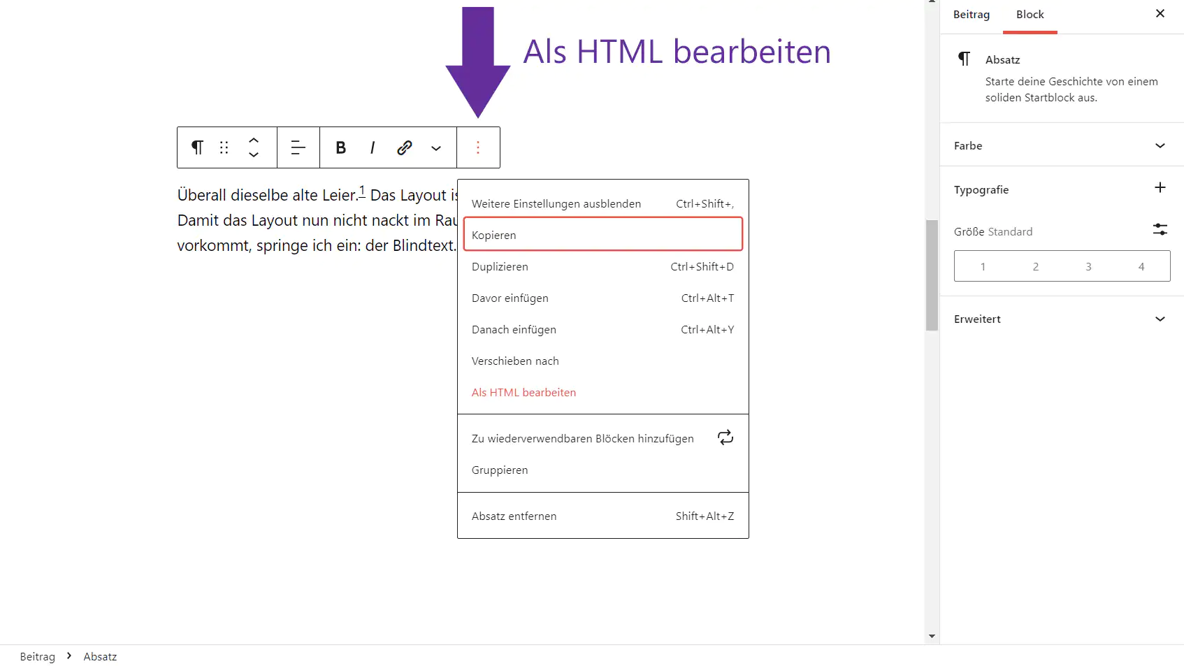 Den Absatzblock als HTML bearbeiten