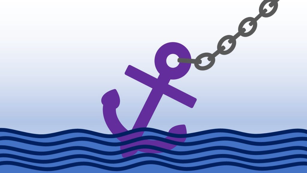 WordPress Anker setzen: Cartoon eines Ankers an Kette auf See.