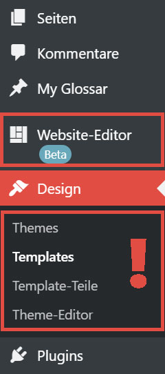 Templates und Website-Editor bei aktivem TT1 Block Theme