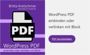 Screenshot eines Medien-Text-Blocks: PDF Cover Links, Titel und Button rechts