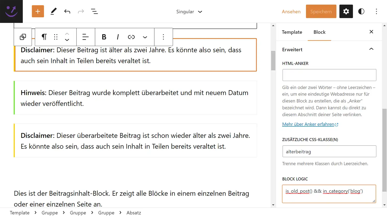Block Logic erweitert das Panel "Erweitert" für jeden WordPress Block und bietet so die Option für das Hinterlegen von Bedingungen