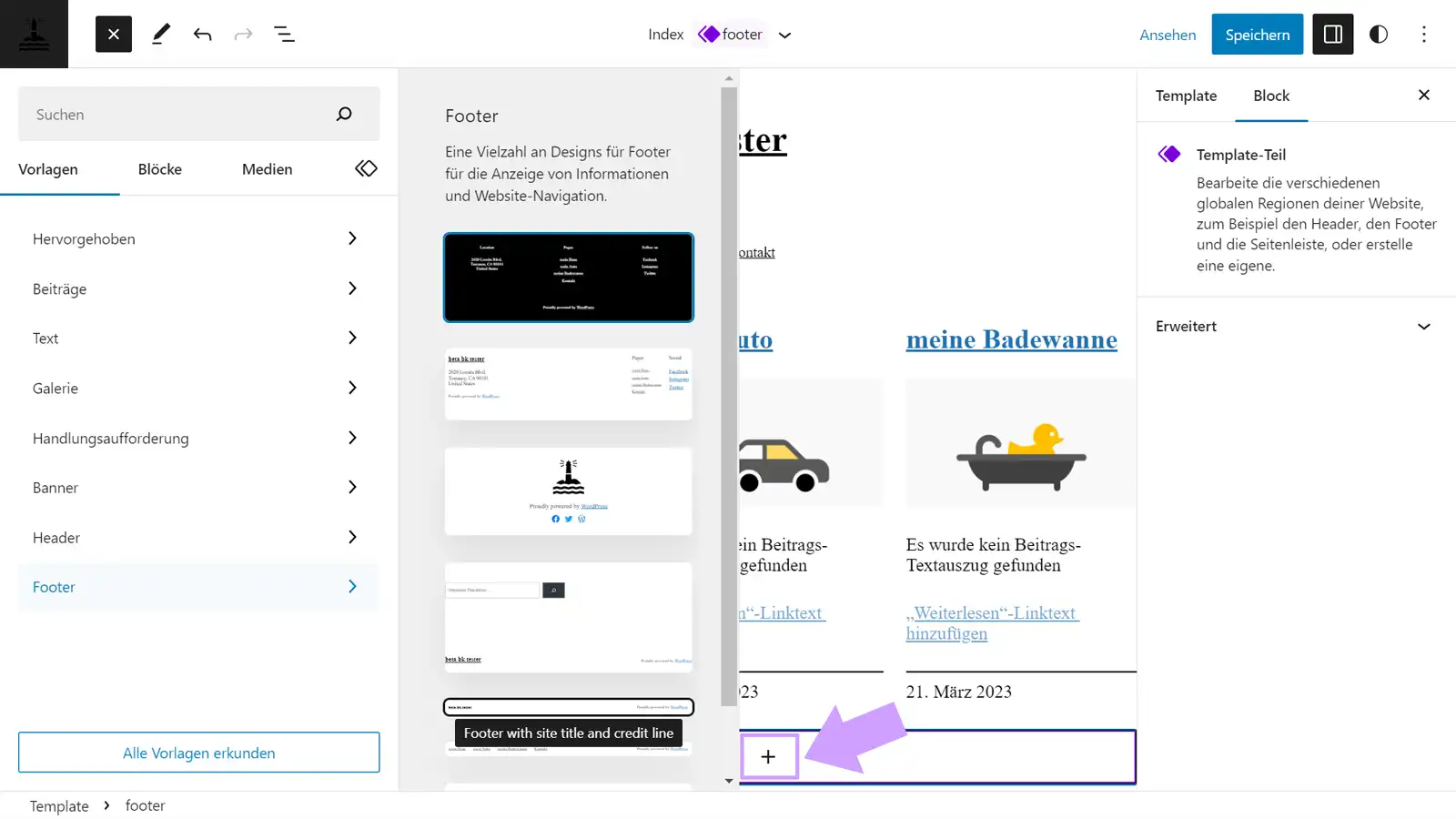 und 3. in den Template Teil Footer eine Footer-Vorlage einfügen.