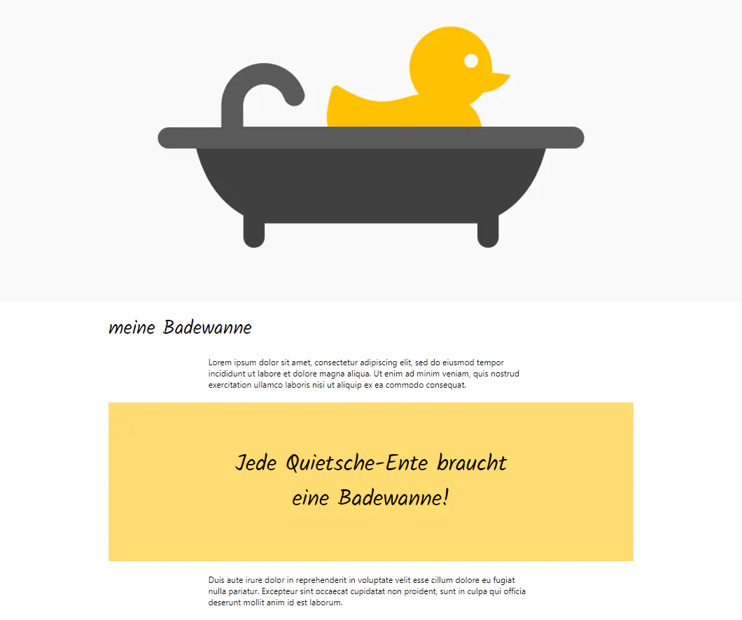 Ein typisches Layout für die Vorlage einer WordPress Seite oder eines Beitrags. Tutorial Block Theme mit Ente in Badewanne.