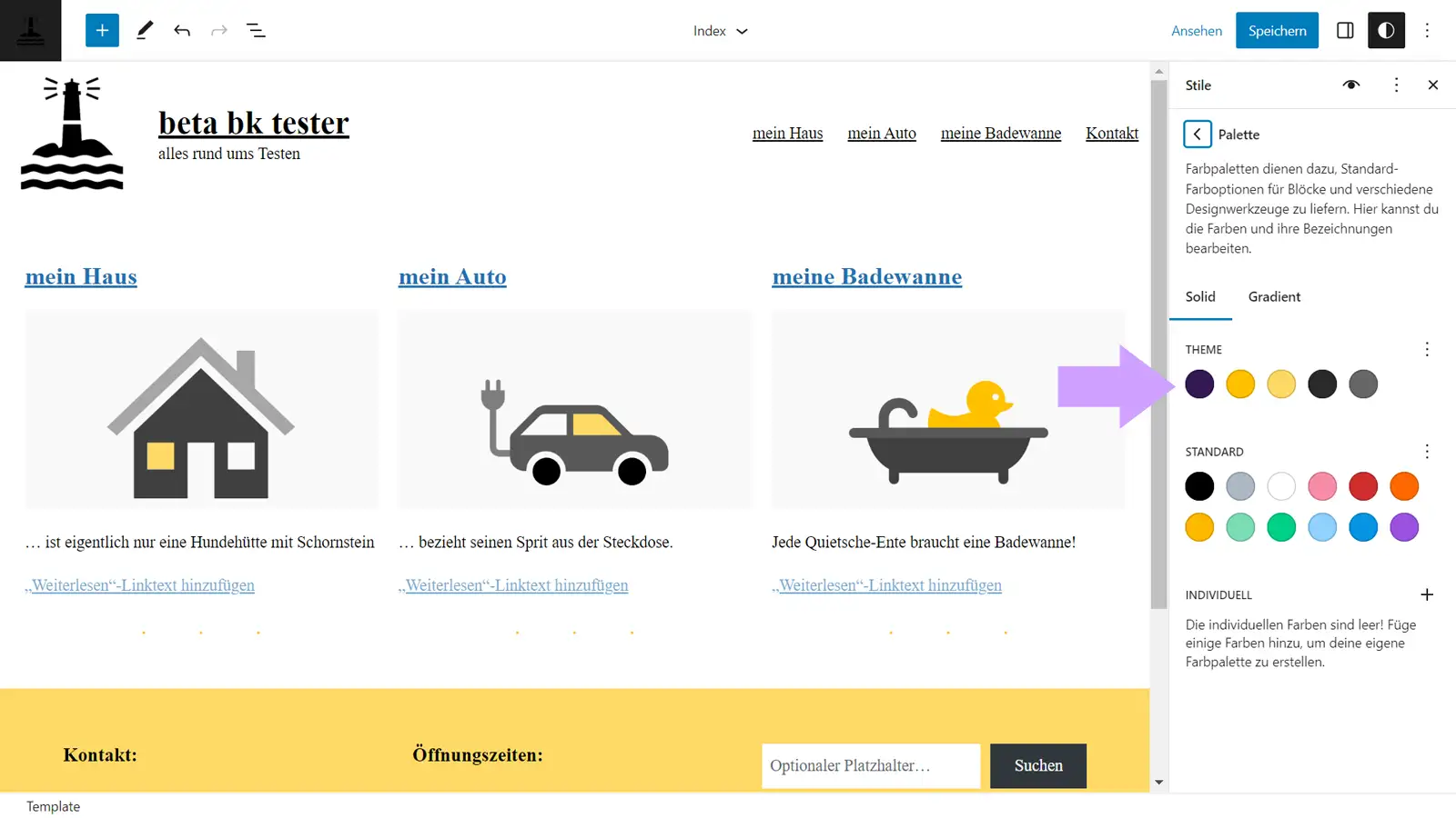 Die Palette in den Stilen zeigt alle in der theme.json hinterlegten Farben.